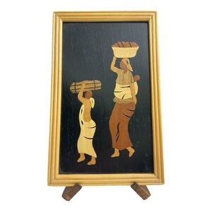 Ghana Africa marquetry picture. Wood on wood. Framed. Wood Framed Art Intarsia